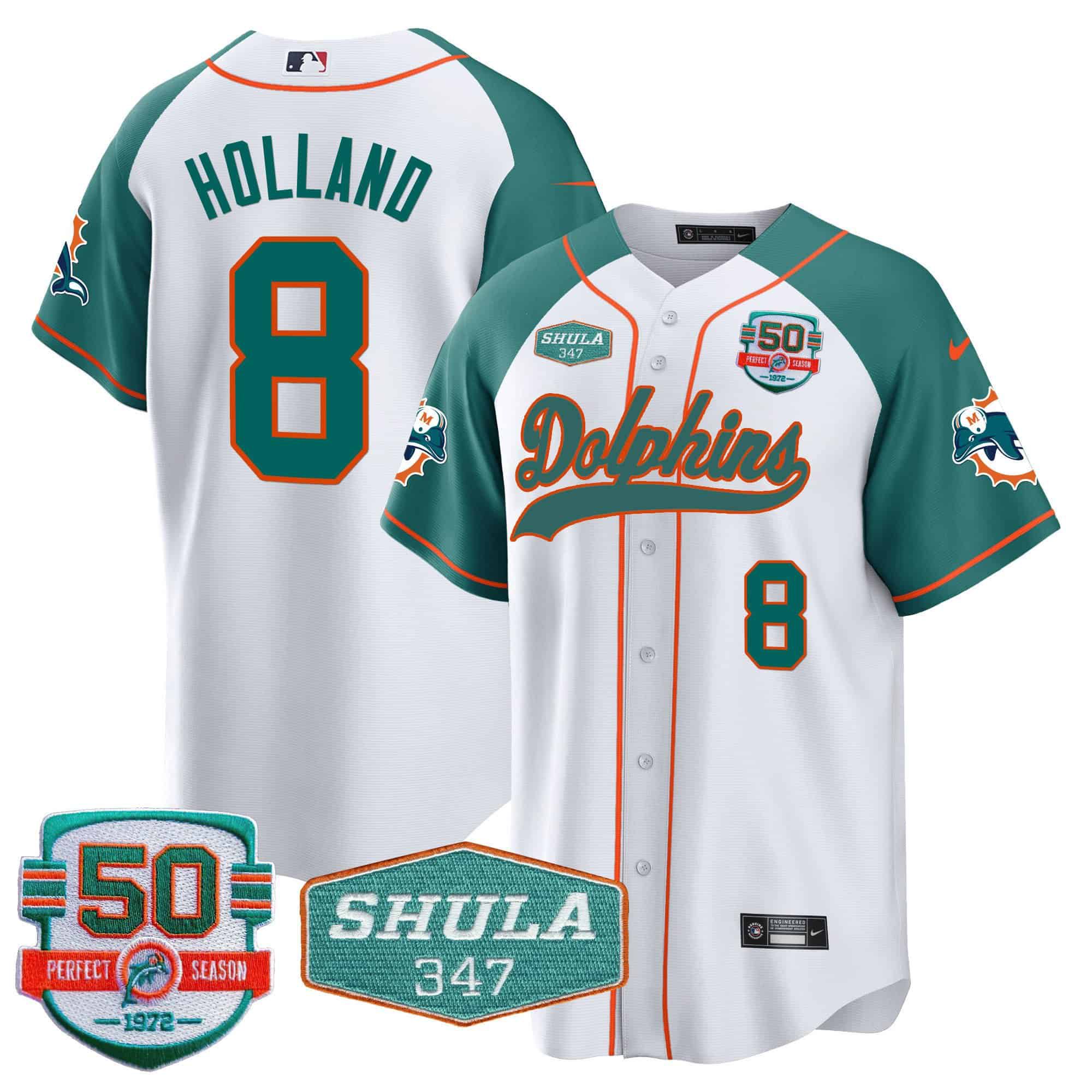 Men Miami Dolphins #8 Holland White 2024 Nike 50th Don Shula Memorial Patch Baseball NFL Jersey style 1